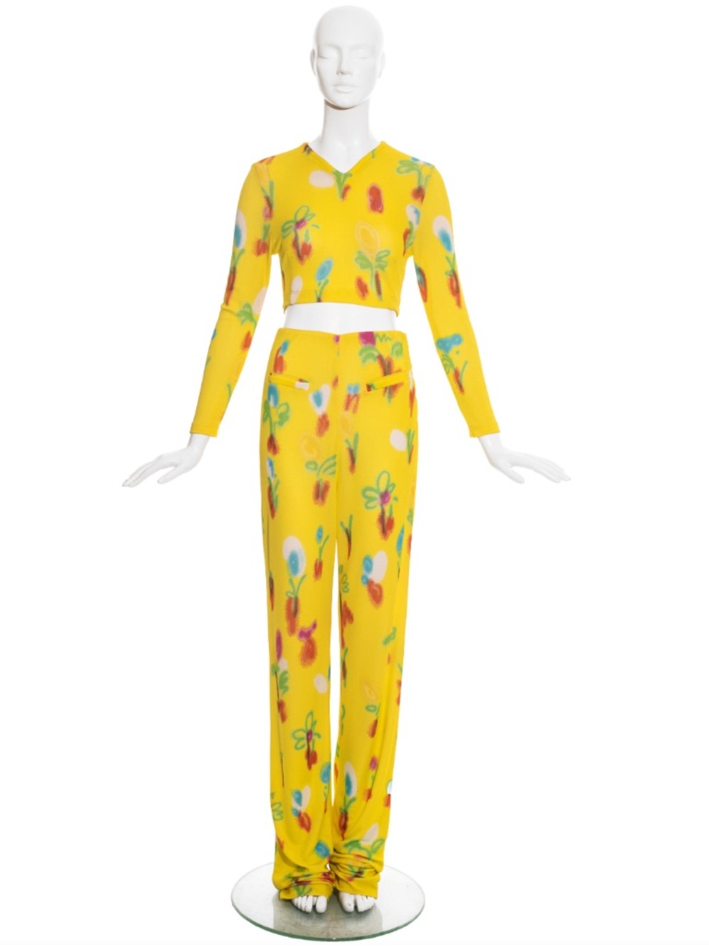 Gianni Versace Couture S/S 1996 Neon Yellow Graffiti Floral Long Sleeve&Pant Set